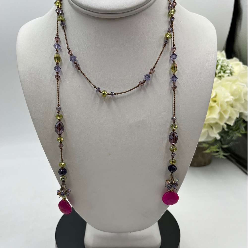 Boho Crystal‎ Lariat Necklace with Hot Pink Jade Fluorescent Teardrop Pendants
